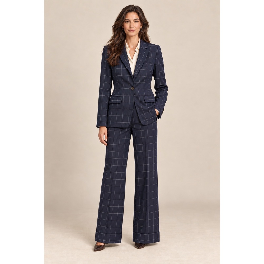 Lauren Ralph Lauren Navy Windowpane Wool Blend Pant Suit Blazer Trousers 10/12